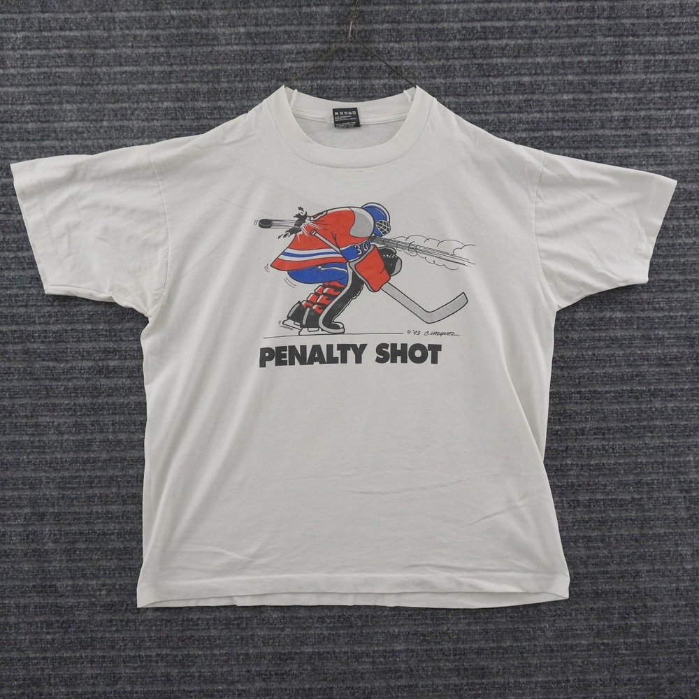 Vintage 90s T-Shirt Men Large White Penalty Shot Hockey Graphic 1993 USA Made